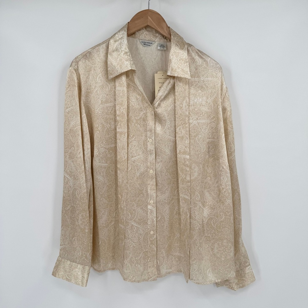 Laura Ashley Woman 100% Silk Paisley Blouse Tan Cream Button Down Top 20W‎